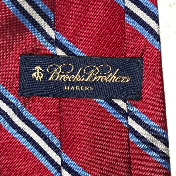 EUC Brothers, 100% silk necktie in red w/ light, light blue, black, white stripe - Picture 4 of 9